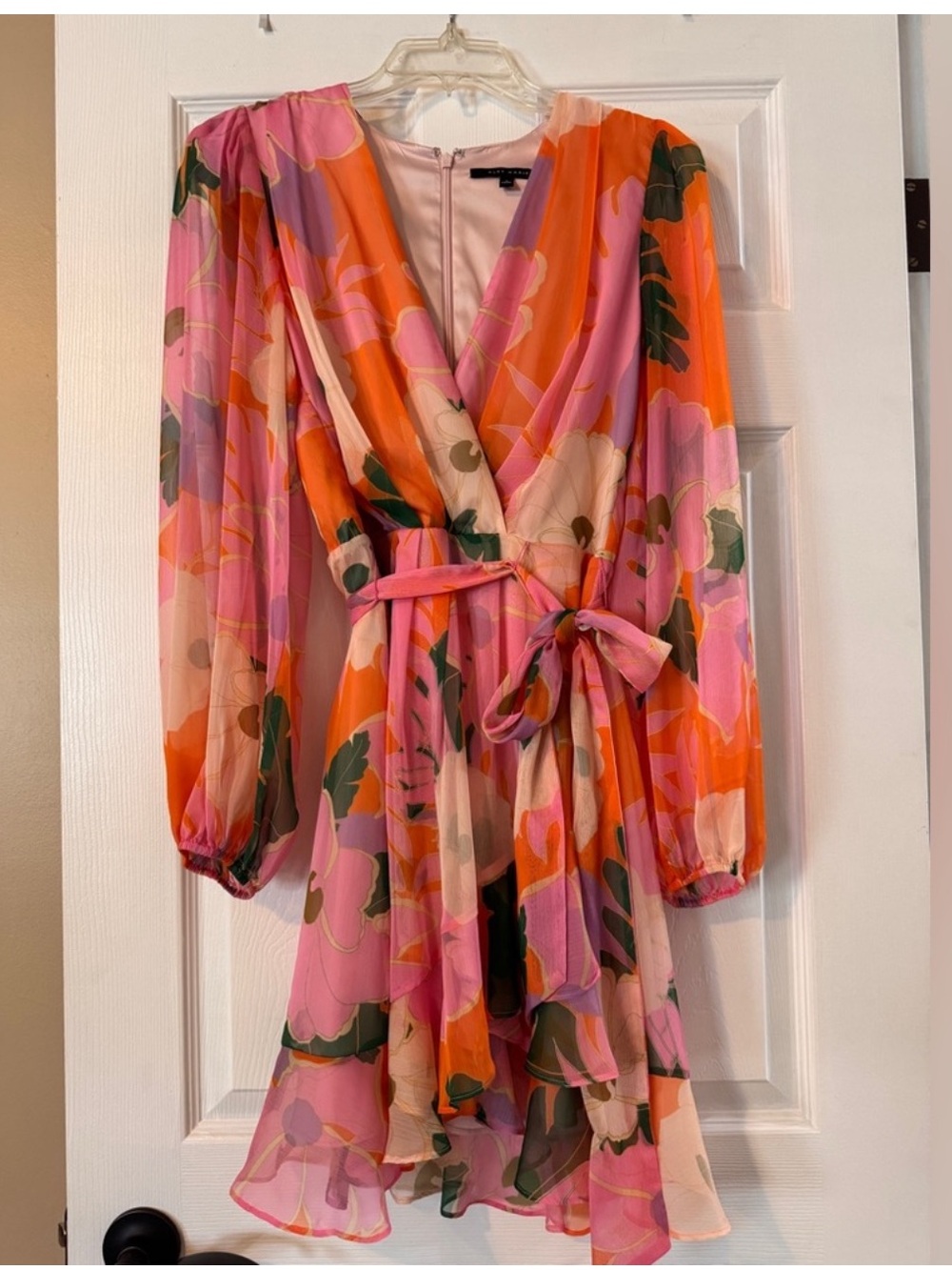 Alex Marie l Floral Pink, Orange, and Green Chiffon Tiered Mini Dress Size 4/6 - Picture 2 of 4